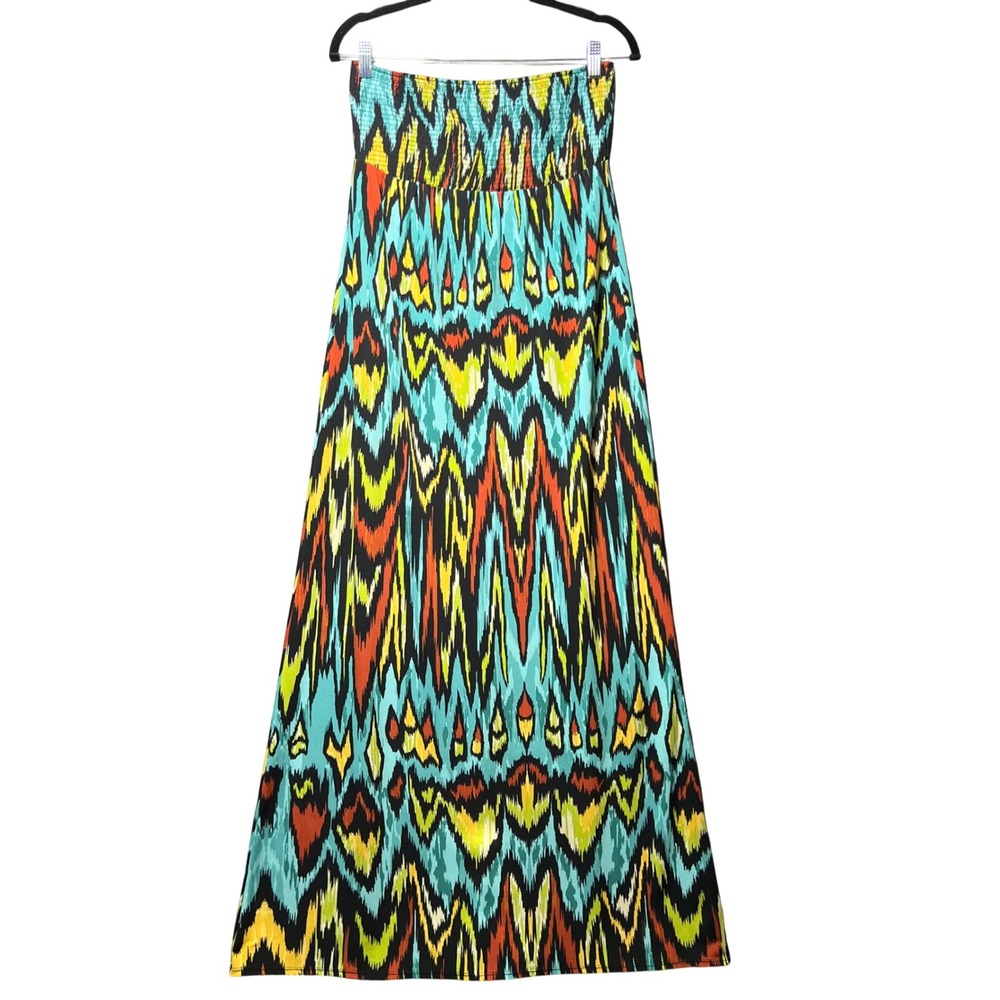 Nicole‎ by Nicole Miller Ikat Print Smocked Maxi Dress Strapless Medium Abstract